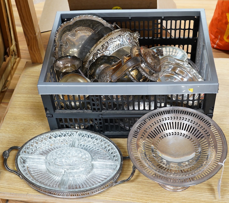 A quantity of plated ware, including a tazza, an hors d’oeuvres dish, bowls, dishes, a coffee pot, etc. Condition - fair to good